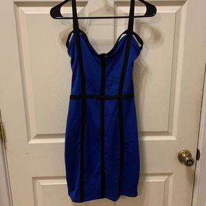 Black and blue strappy body con mini dress